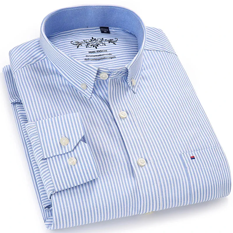 MC - Men’s Long Sleeve Oxford Plaid & Striped Casual Shirt | Regular-Fit Button-Down with Chest Pocket | Thick Work Shirt