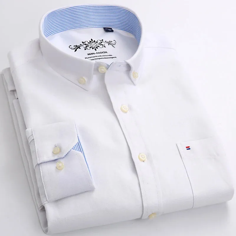 MC - Men’s Long Sleeve Oxford Plaid & Striped Casual Shirt | Regular-Fit Button-Down with Chest Pocket | Thick Work Shirt
