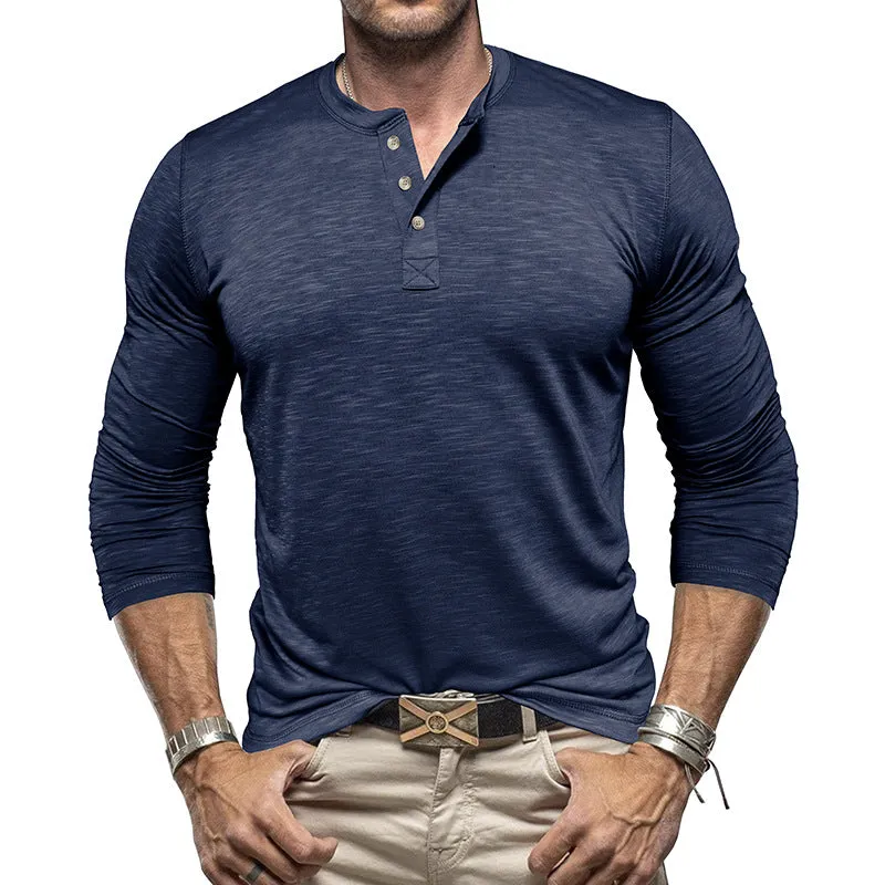 Nukty-shop Men's Henley Shirt Men's Long-Sleeved Henry Collar T-shirt