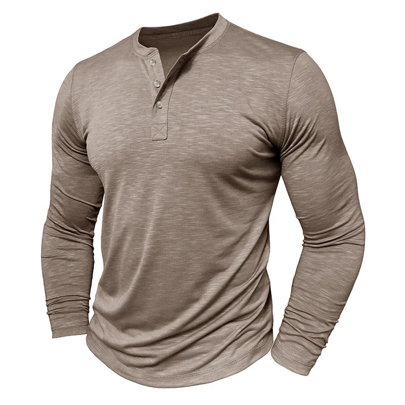 Nukty-shop Men's Henley Shirt Men's Long-Sleeved Henry Collar T-shirt