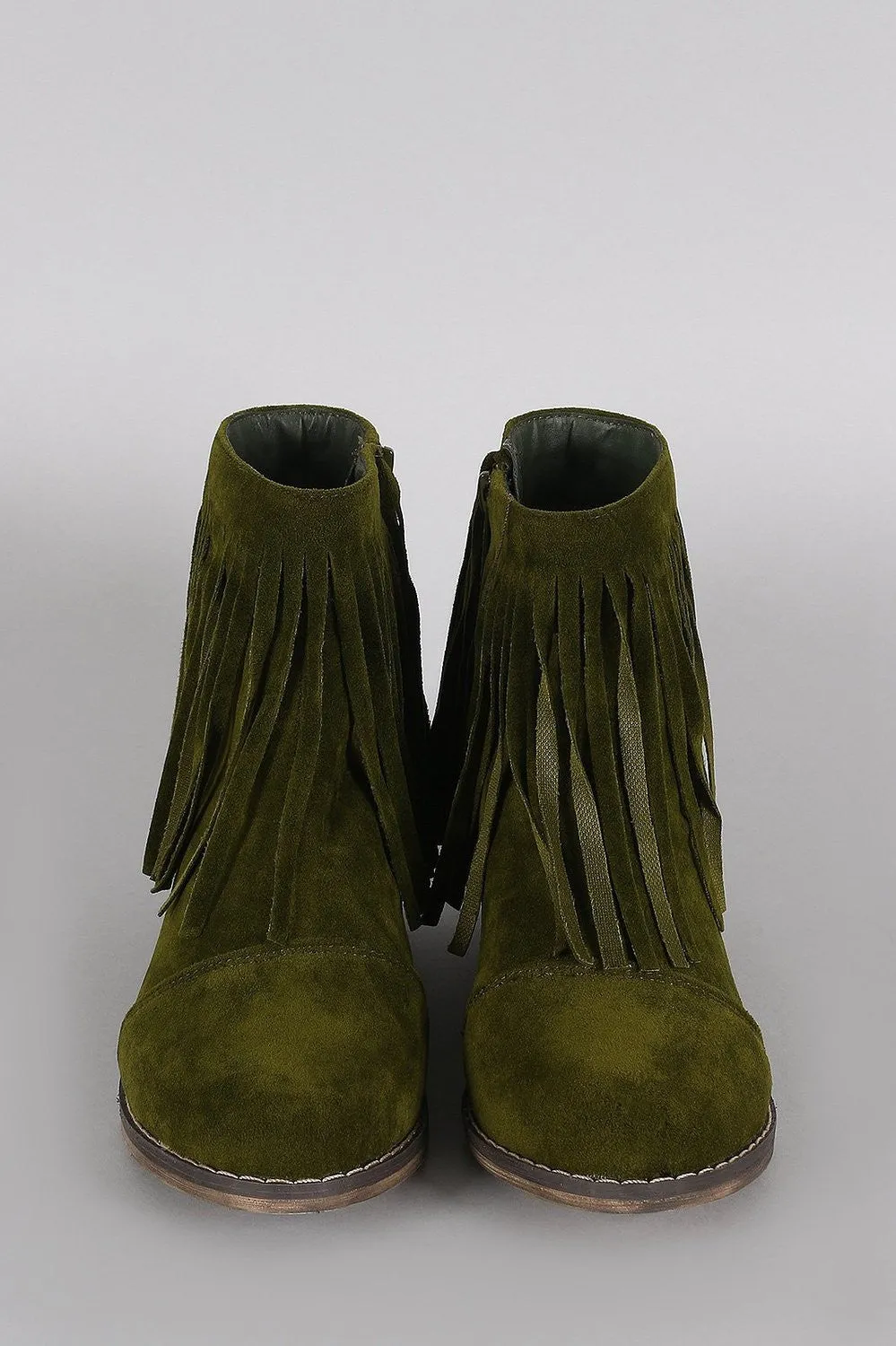 Olive Green Fringe Round Toe Cowgirl Vegan Suede Ankle Women's Boots