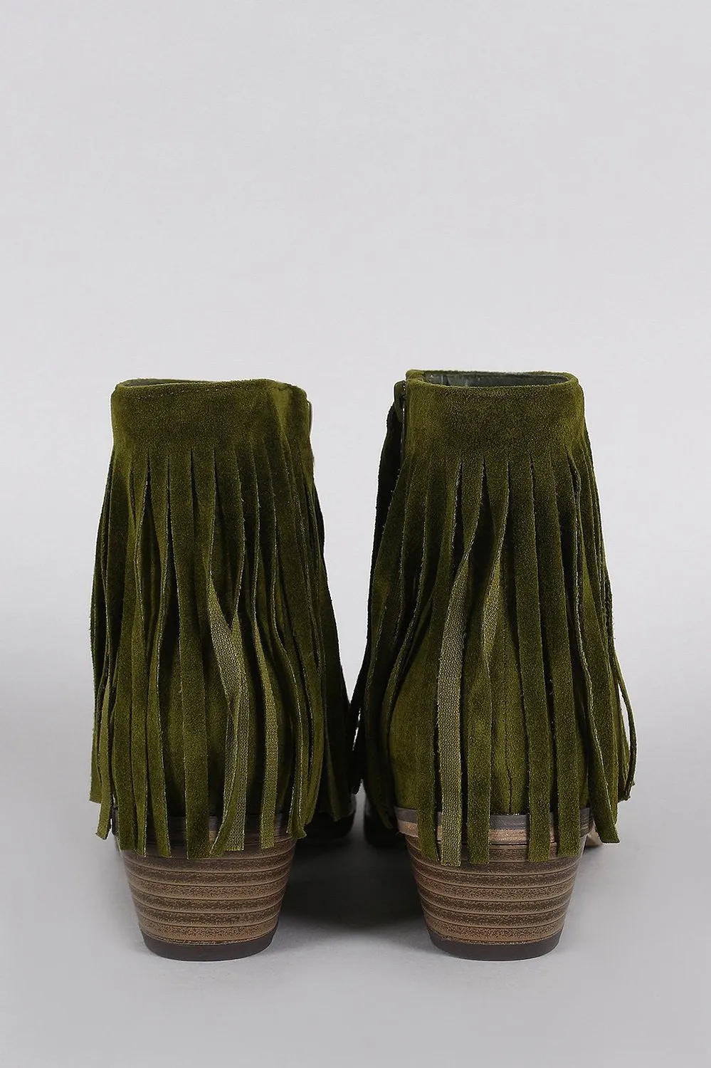 Olive Green Fringe Round Toe Cowgirl Vegan Suede Ankle Women's Boots