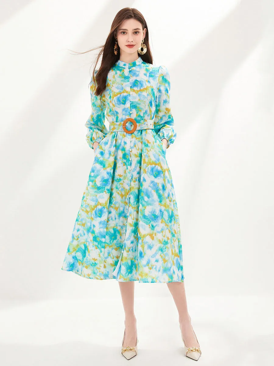 Pocketed Long Sleeves Floral Printed High Waist Boho Dress with Belt