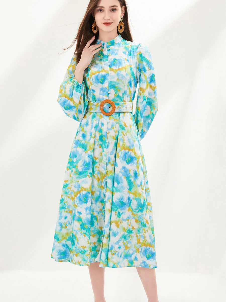 Pocketed Long Sleeves Floral Printed High Waist Boho Dress with Belt