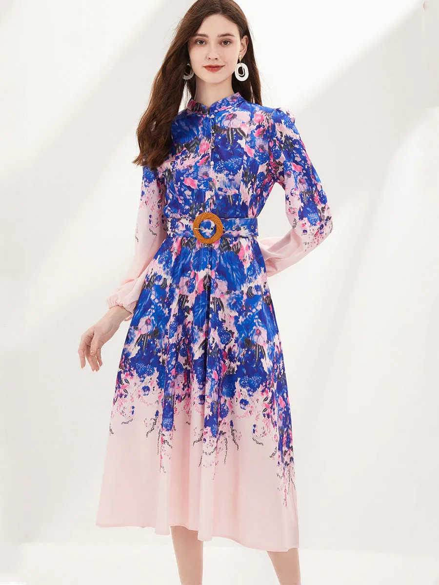 Pocketed Long Sleeves Floral Printed High Waist Boho Dress with Belt