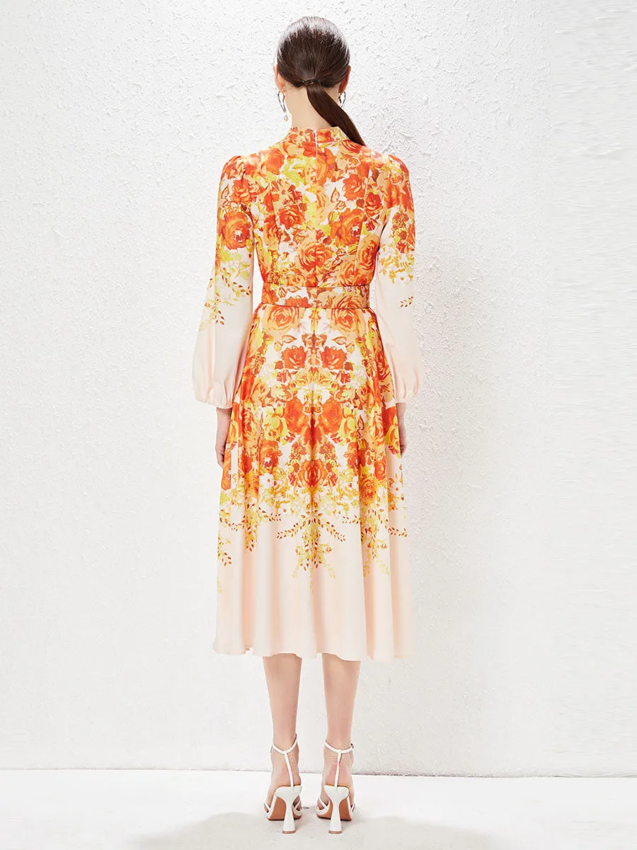 Pocketed Long Sleeves Floral Printed High Waist Boho Dress with Belt