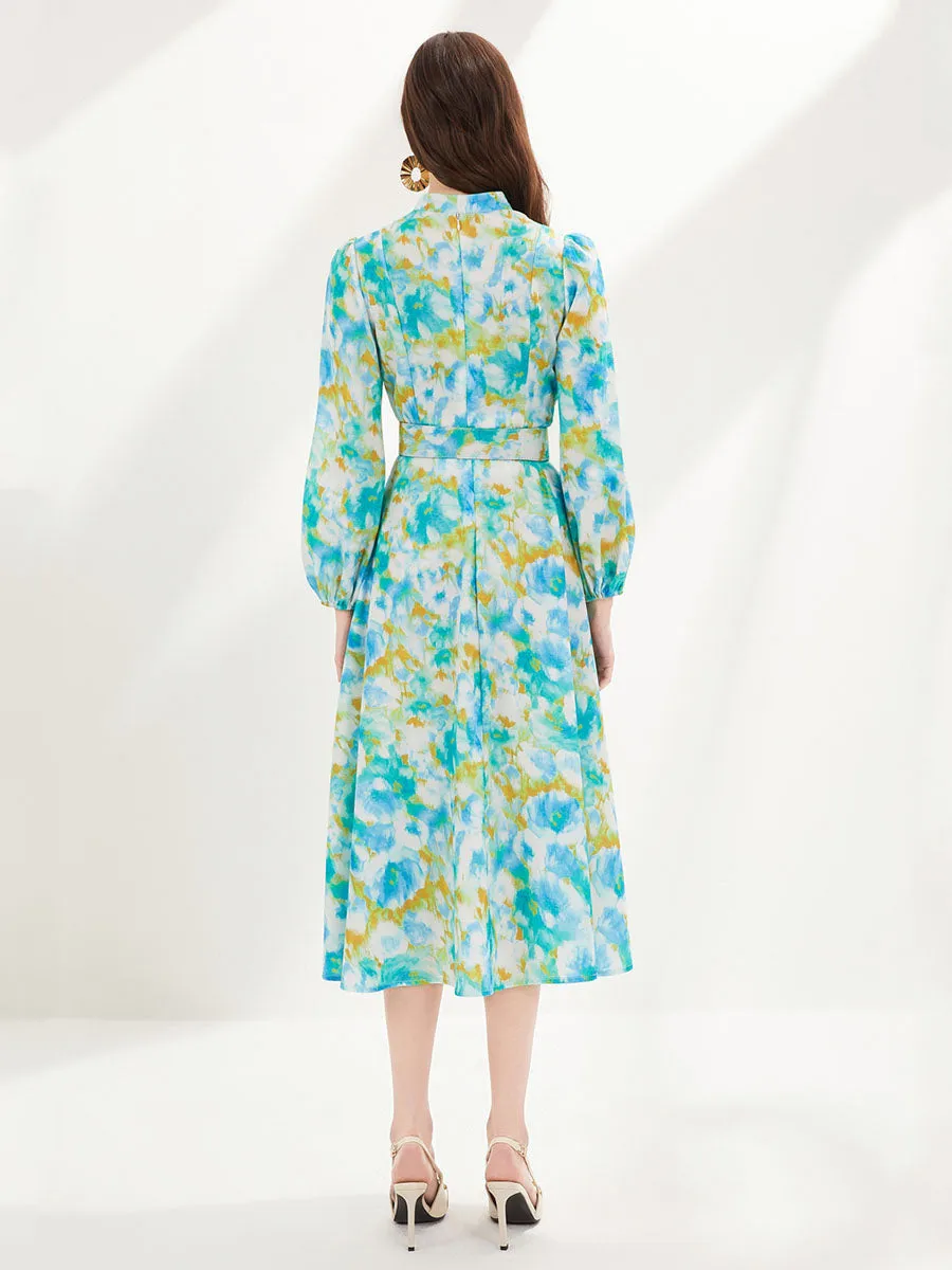 Pocketed Long Sleeves Floral Printed High Waist Boho Dress with Belt