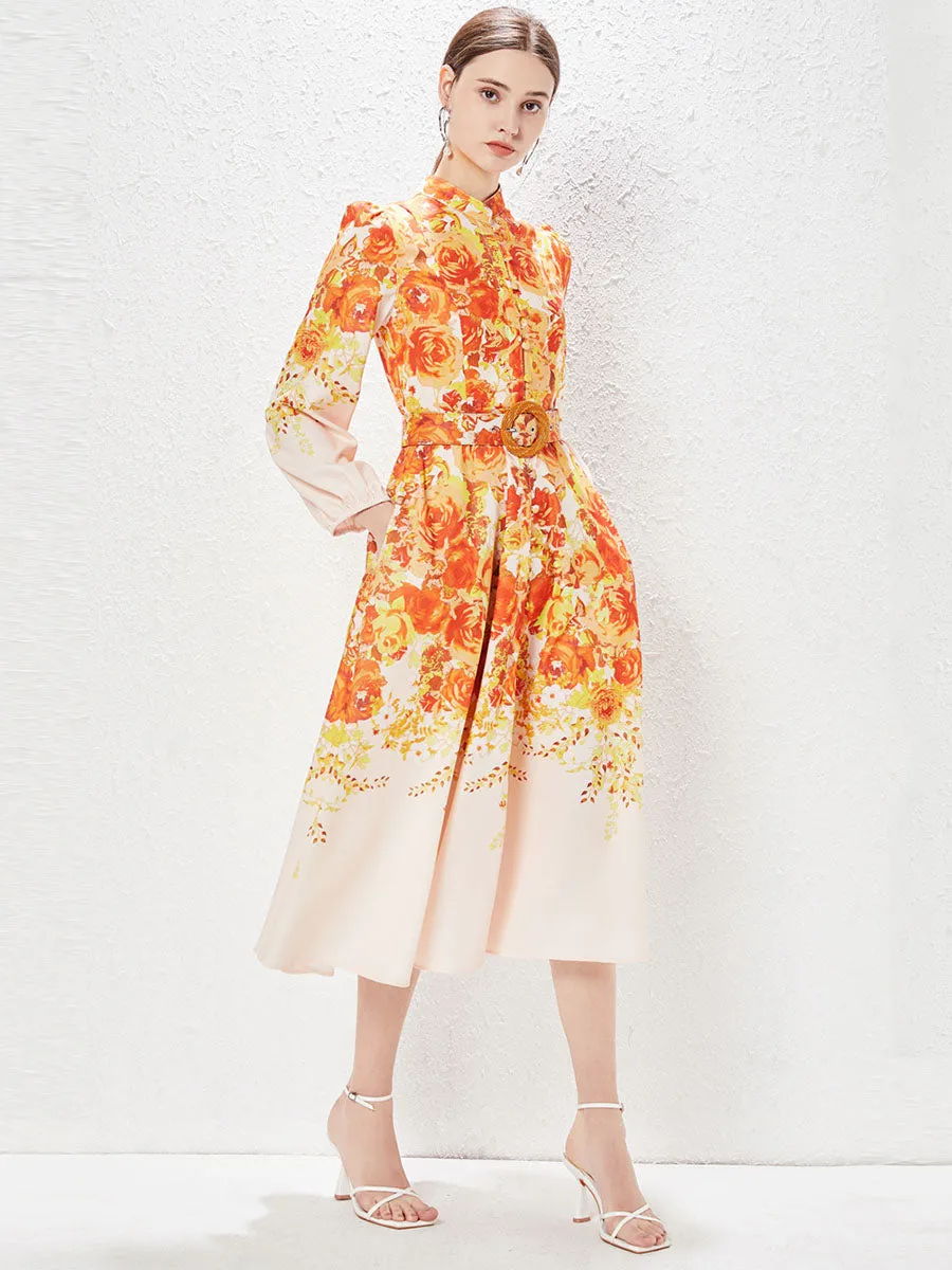 Pocketed Long Sleeves Floral Printed High Waist Boho Dress with Belt
