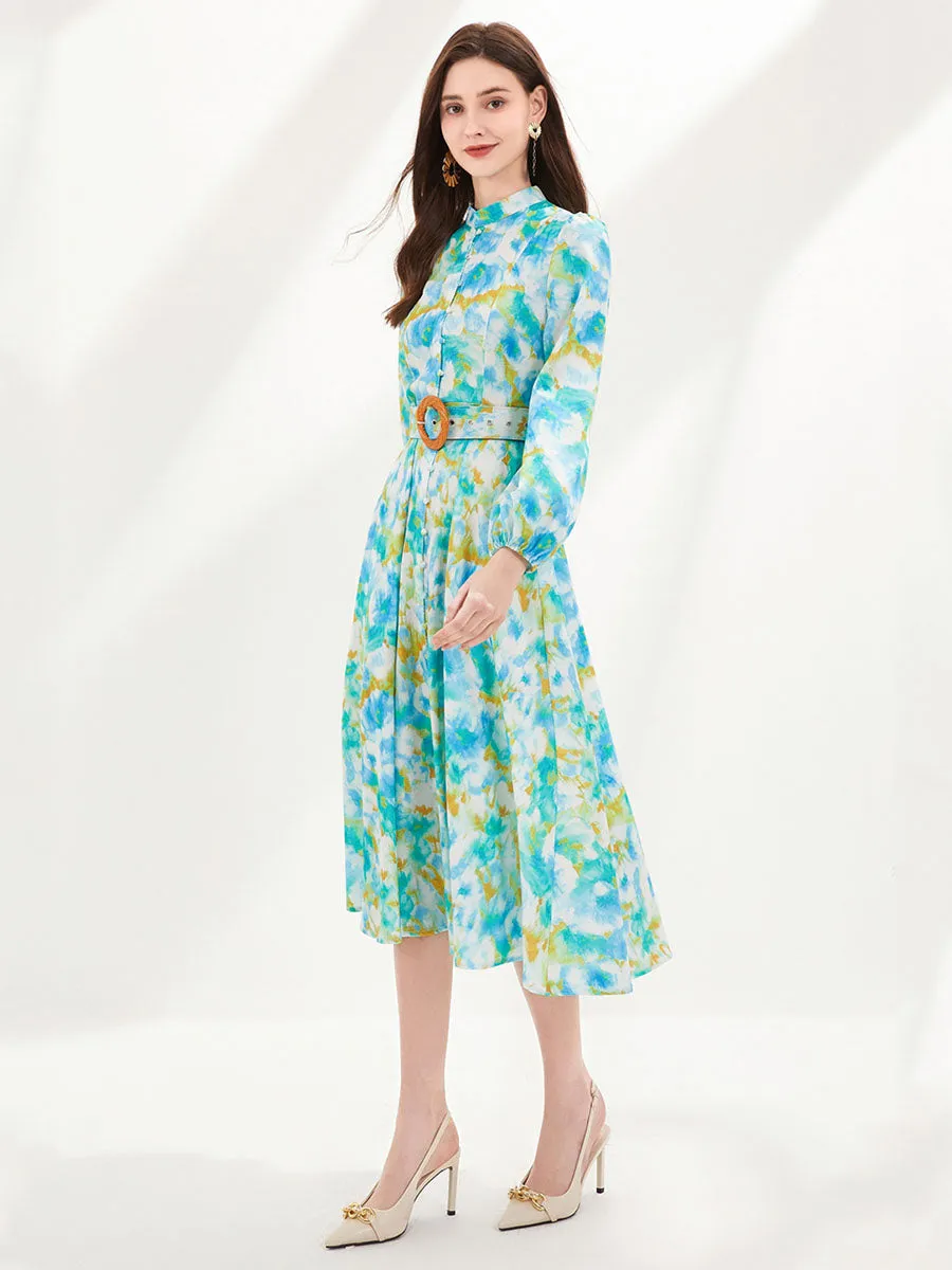 Pocketed Long Sleeves Floral Printed High Waist Boho Dress with Belt
