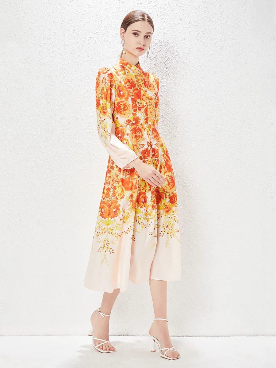 Pocketed Long Sleeves Floral Printed High Waist Boho Dress with Belt