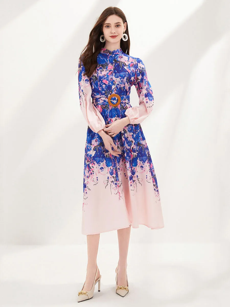 Pocketed Long Sleeves Floral Printed High Waist Boho Dress with Belt