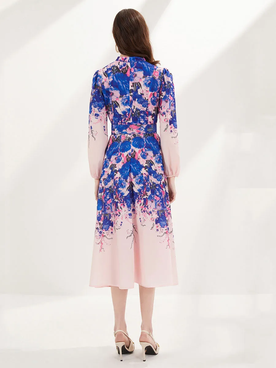Pocketed Long Sleeves Floral Printed High Waist Boho Dress with Belt