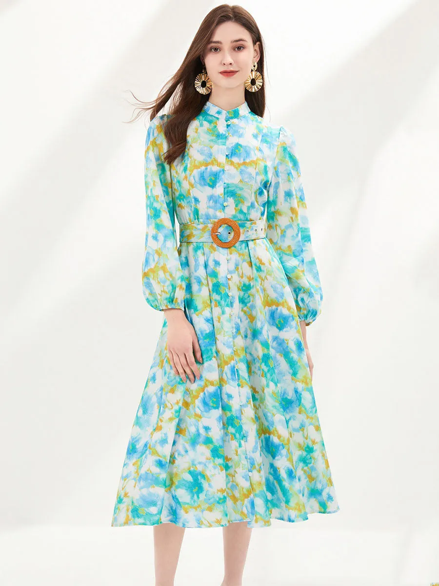 Pocketed Long Sleeves Floral Printed High Waist Boho Dress with Belt