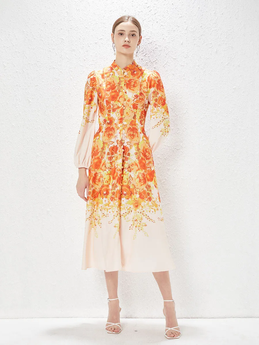 Pocketed Long Sleeves Floral Printed High Waist Boho Dress with Belt