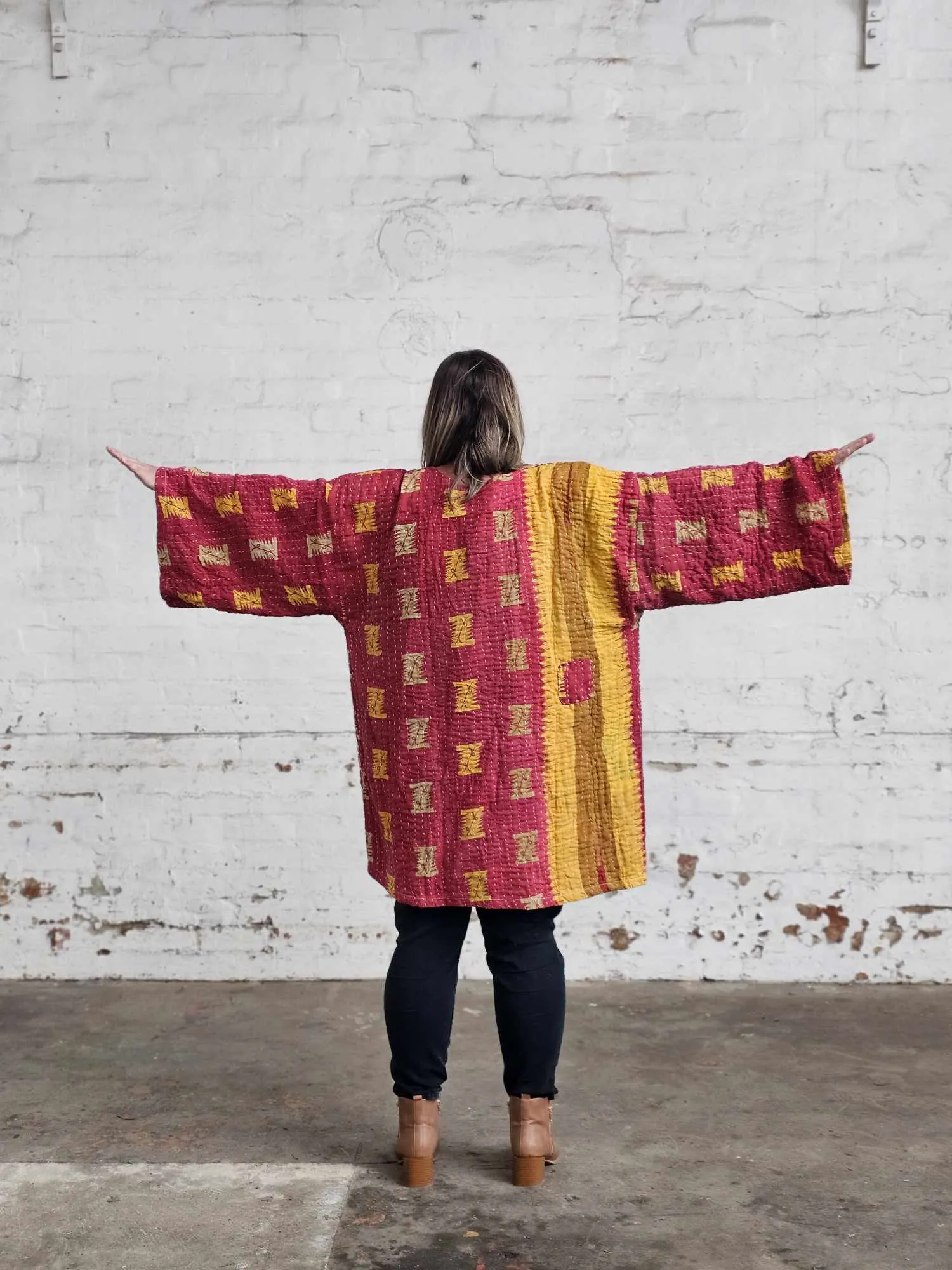 RED & GOLD Vintage Kantha Kimono