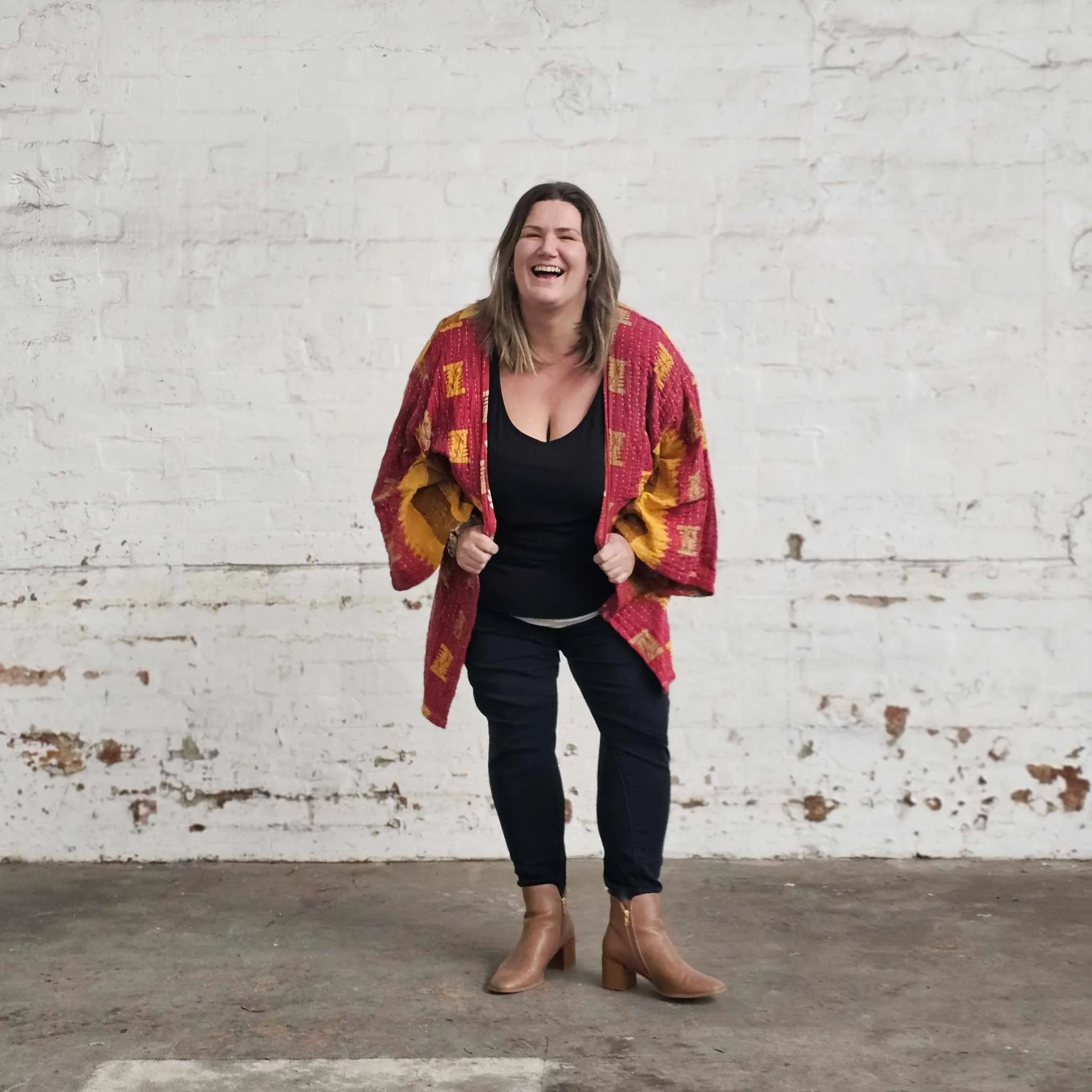 RED & GOLD Vintage Kantha Kimono