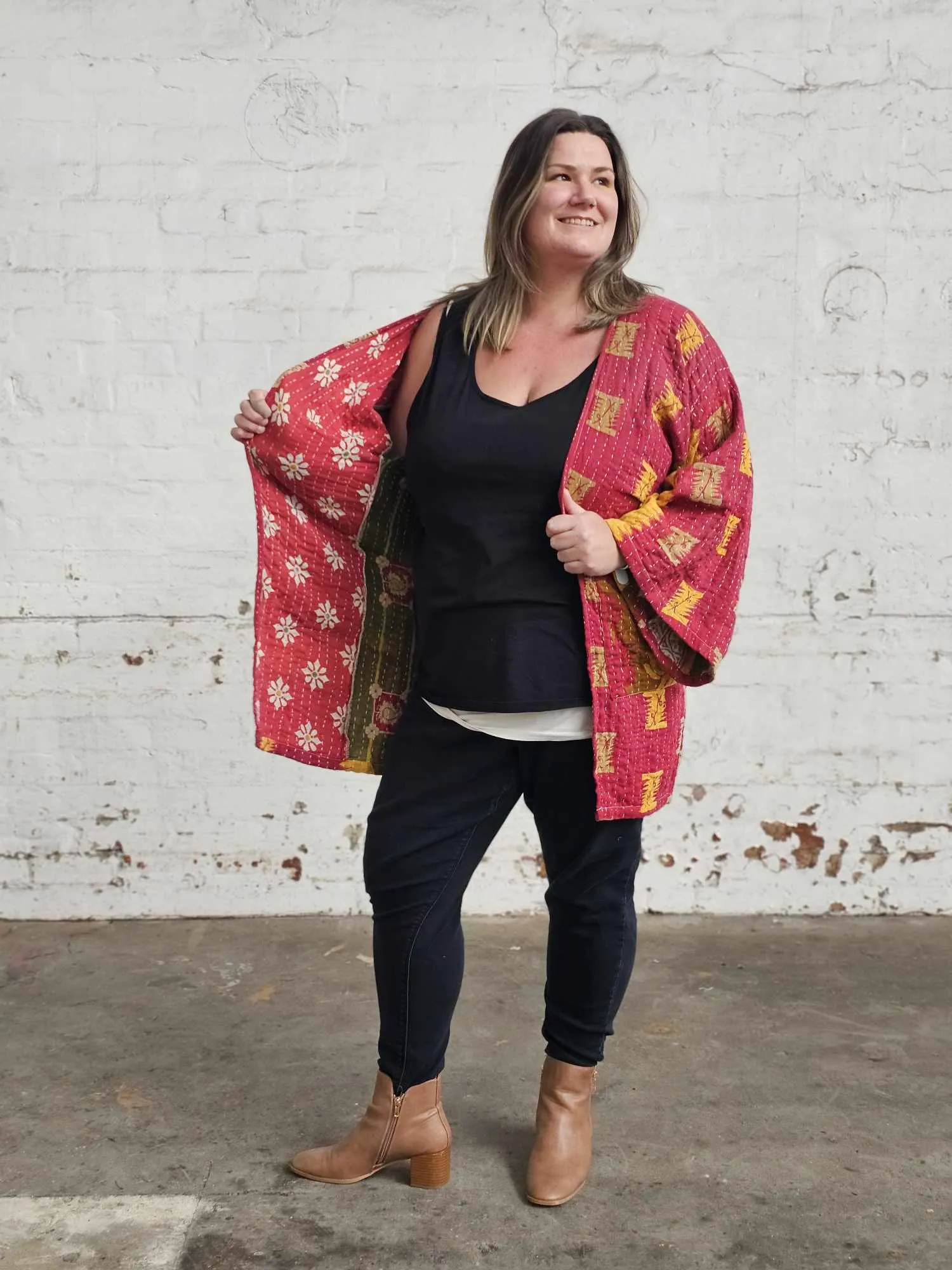 RED & GOLD Vintage Kantha Kimono