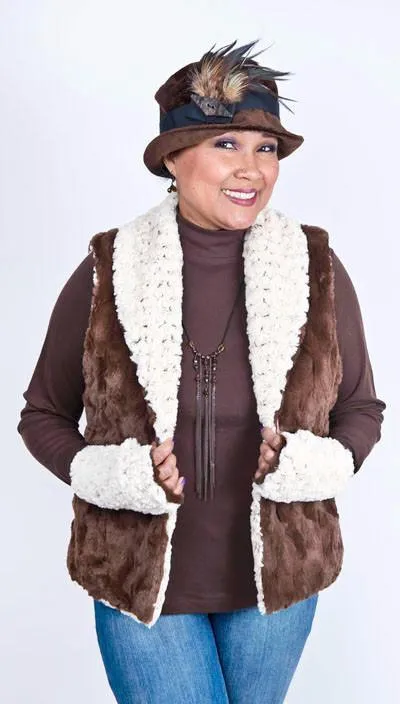 Shawl Collar Vest, Reversible less pockets - Rosebud Faux Fur with Cuddly Fur