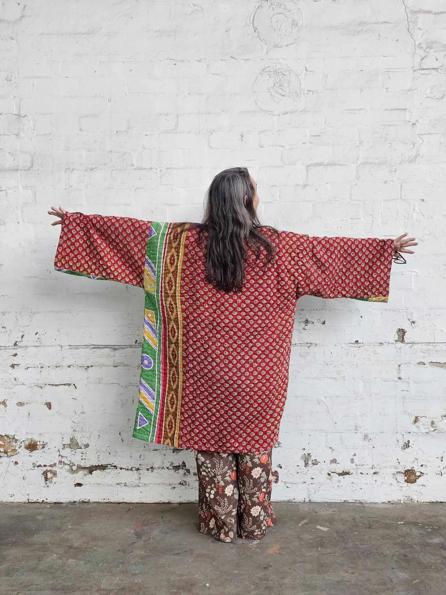 TAN & GREEN Vintage Kantha Kimono