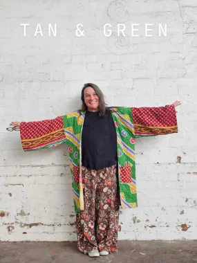 TAN & GREEN Vintage Kantha Kimono