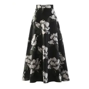 Vintage Print Skirt For Women High Waist A Line Colorblock Casual Midi Skirts Female Summer Fashion Clothing