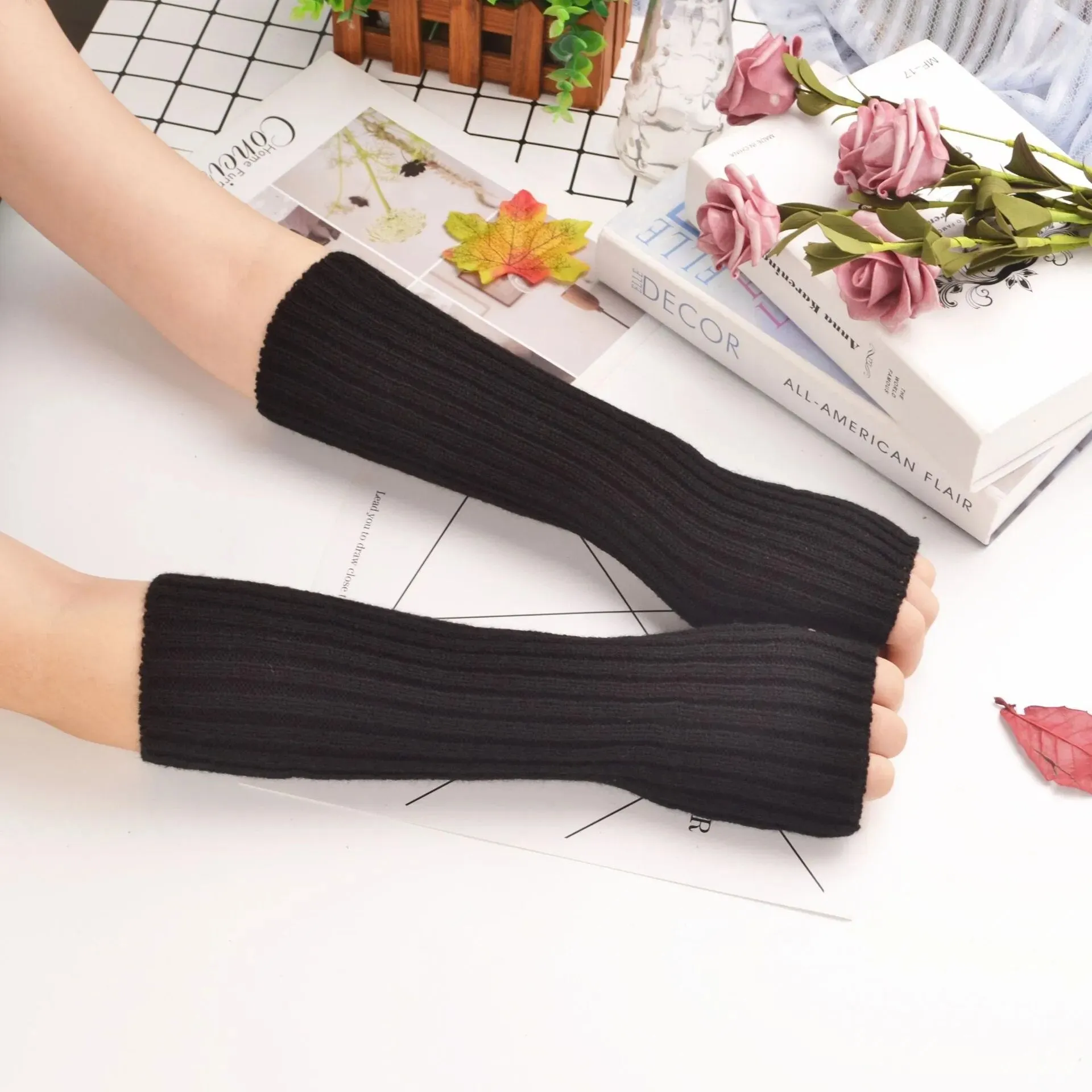Women Long Fingerless Gloves Knitted Mittens Winter Arm Warmer Punk Gothic DIY Knitting Glove Y2K Girls Solid Gloves Arm Sleeves