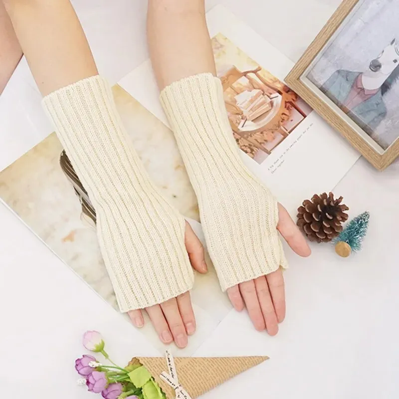 Women Long Fingerless Gloves Knitted Mittens Winter Arm Warmer Punk Gothic DIY Knitting Glove Y2K Girls Solid Gloves Arm Sleeves