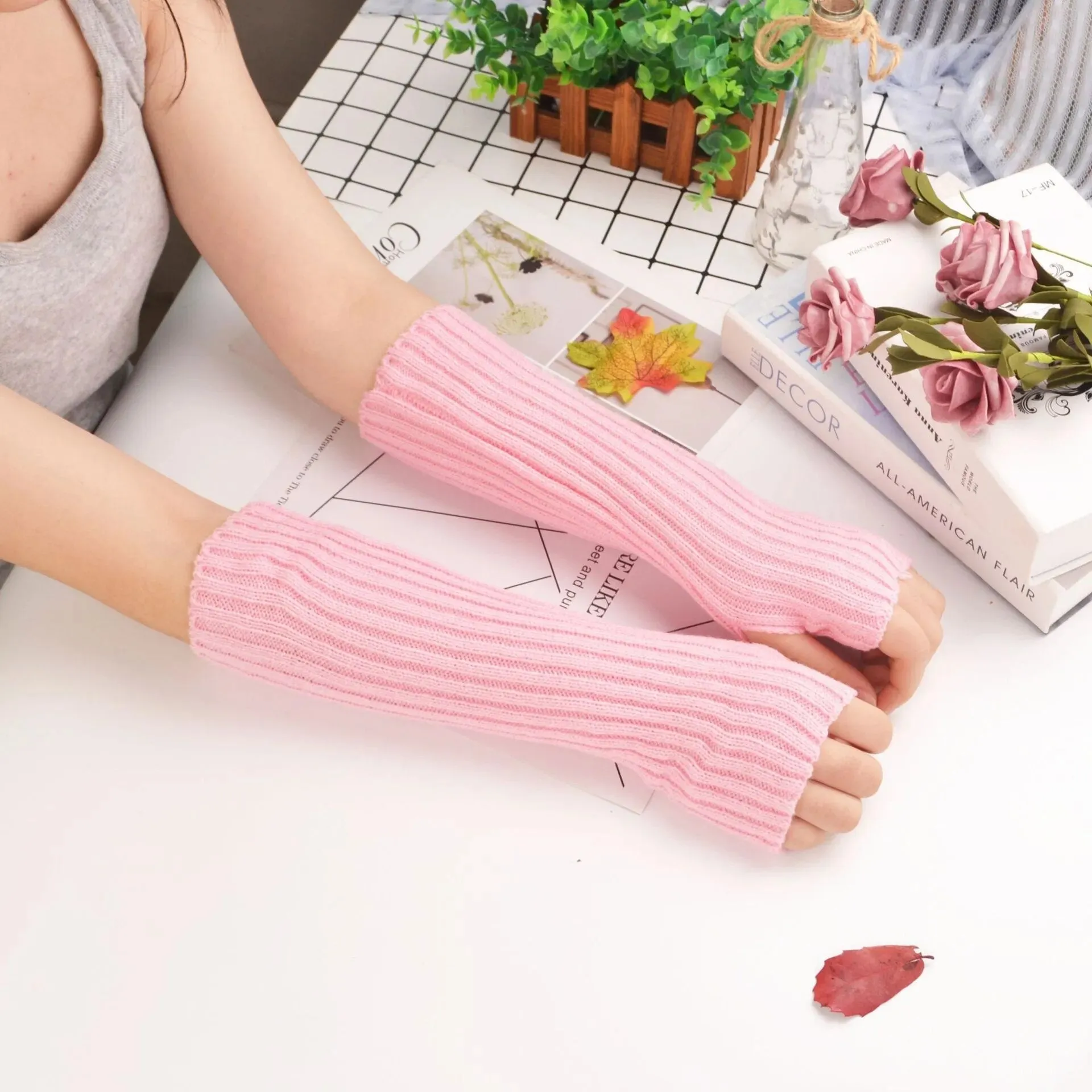 Women Long Fingerless Gloves Knitted Mittens Winter Arm Warmer Punk Gothic DIY Knitting Glove Y2K Girls Solid Gloves Arm Sleeves