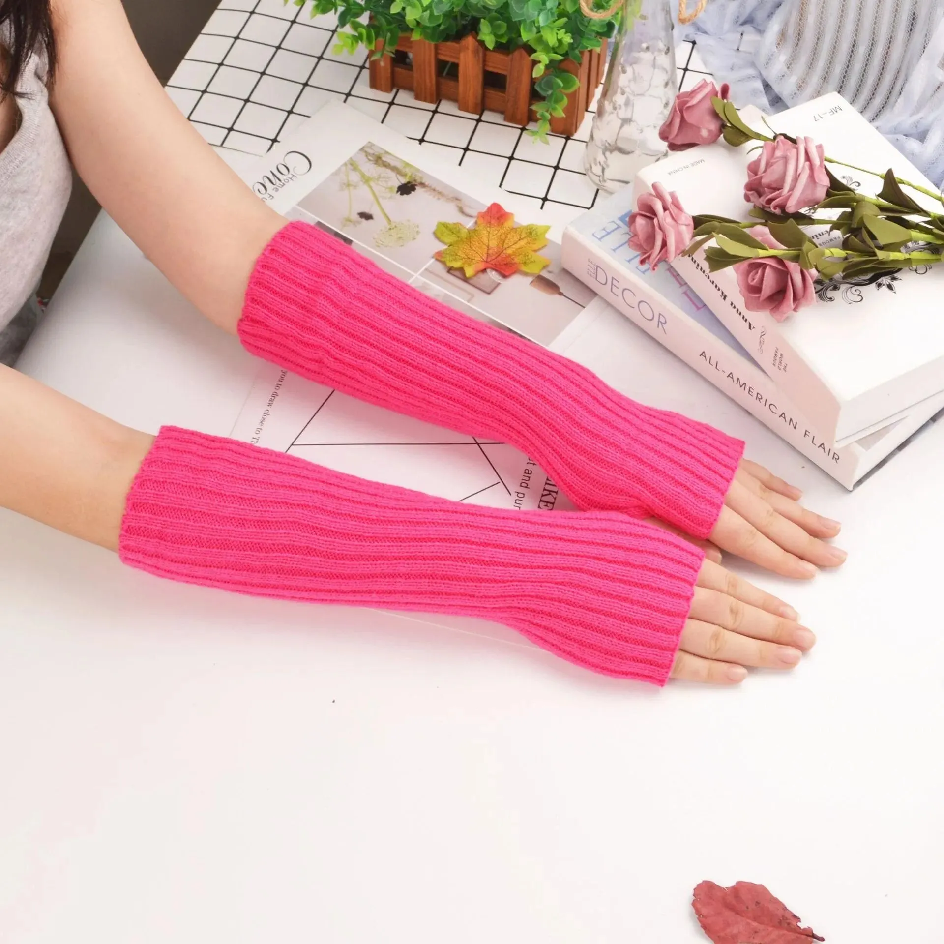 Women Long Fingerless Gloves Knitted Mittens Winter Arm Warmer Punk Gothic DIY Knitting Glove Y2K Girls Solid Gloves Arm Sleeves