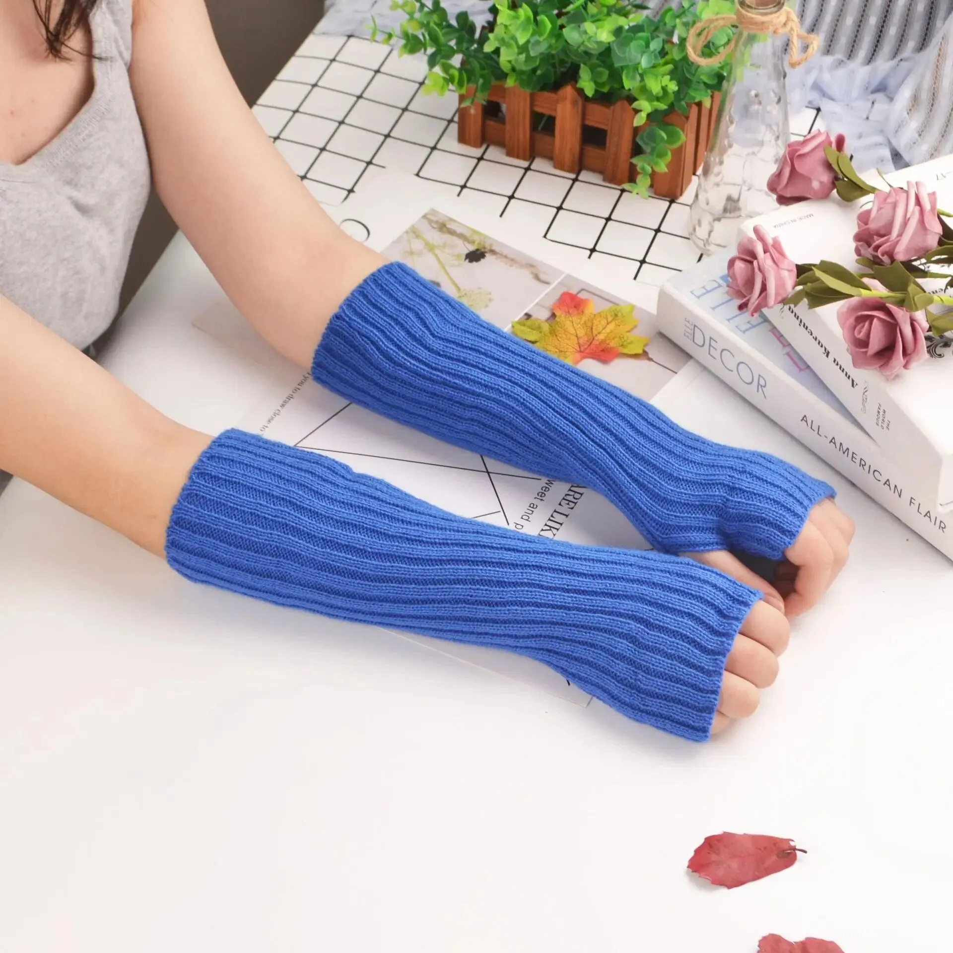 Women Long Fingerless Gloves Knitted Mittens Winter Arm Warmer Punk Gothic DIY Knitting Glove Y2K Girls Solid Gloves Arm Sleeves