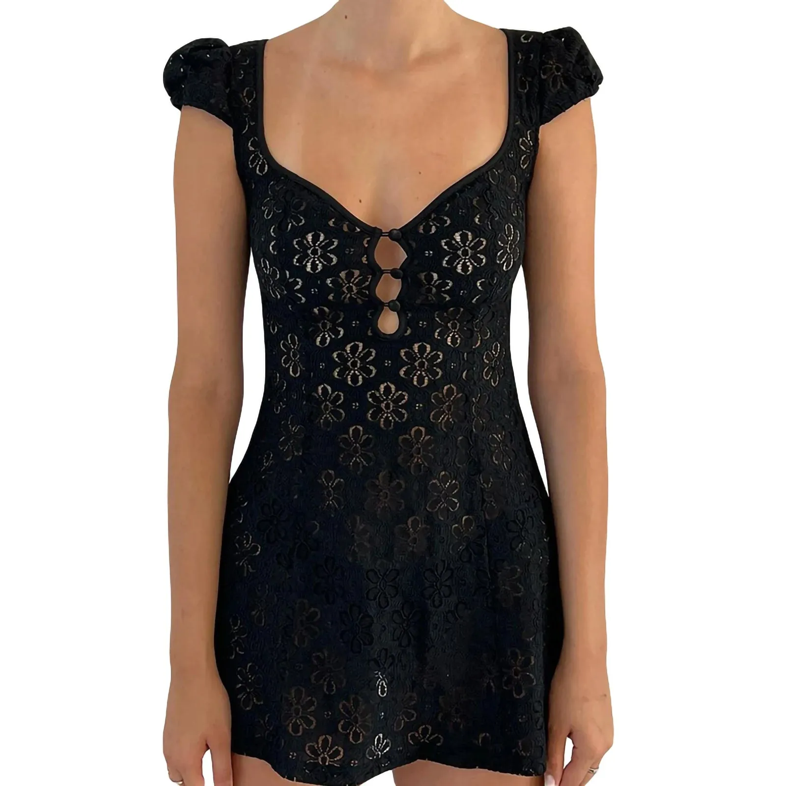 Womens Lace Mini Dress Y2K Spaghetti Strap Backless Sundress A-Line Party Short Dresses