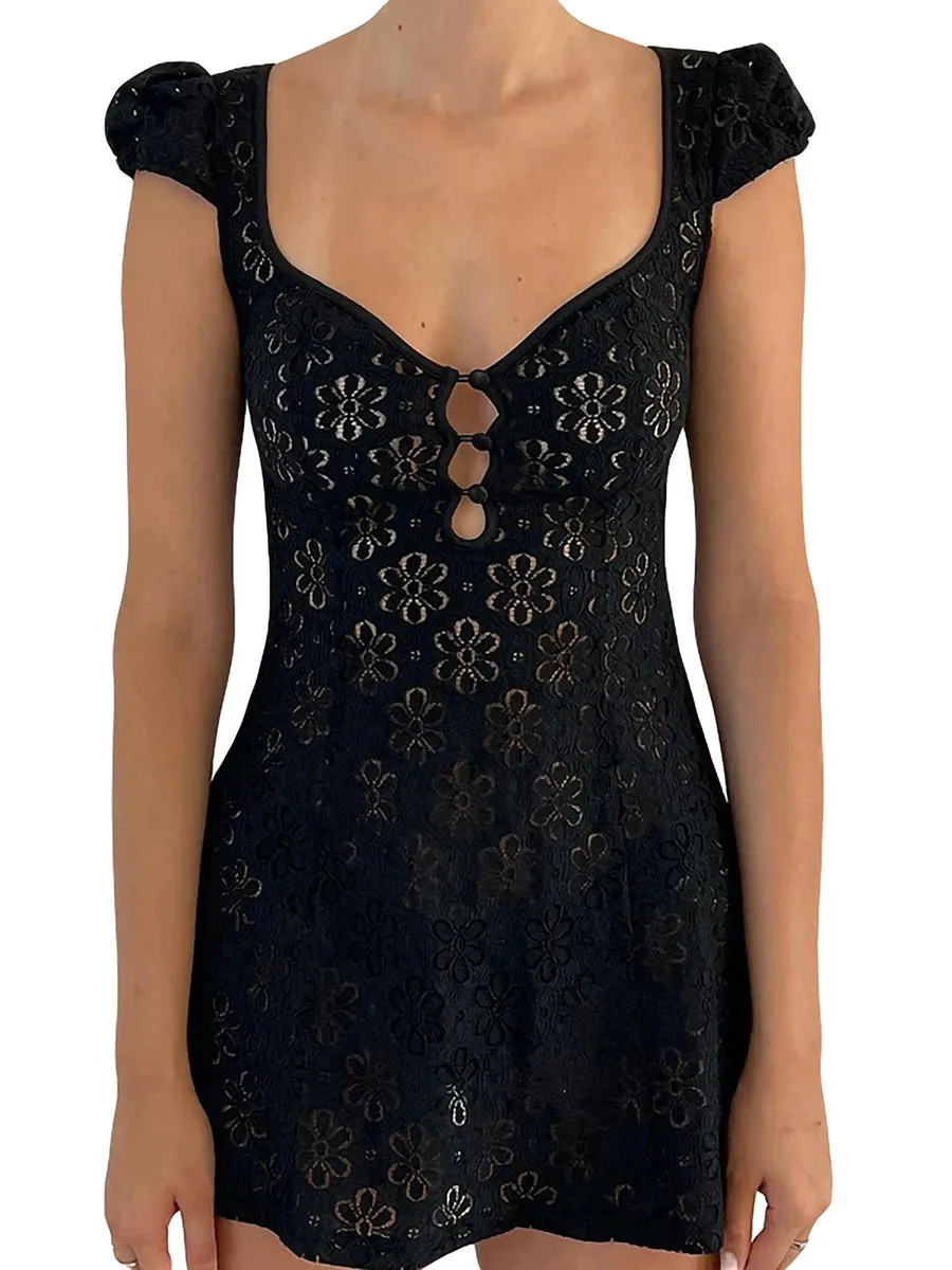 Womens Lace Mini Dress Y2K Spaghetti Strap Backless Sundress A-Line Party Short Dresses