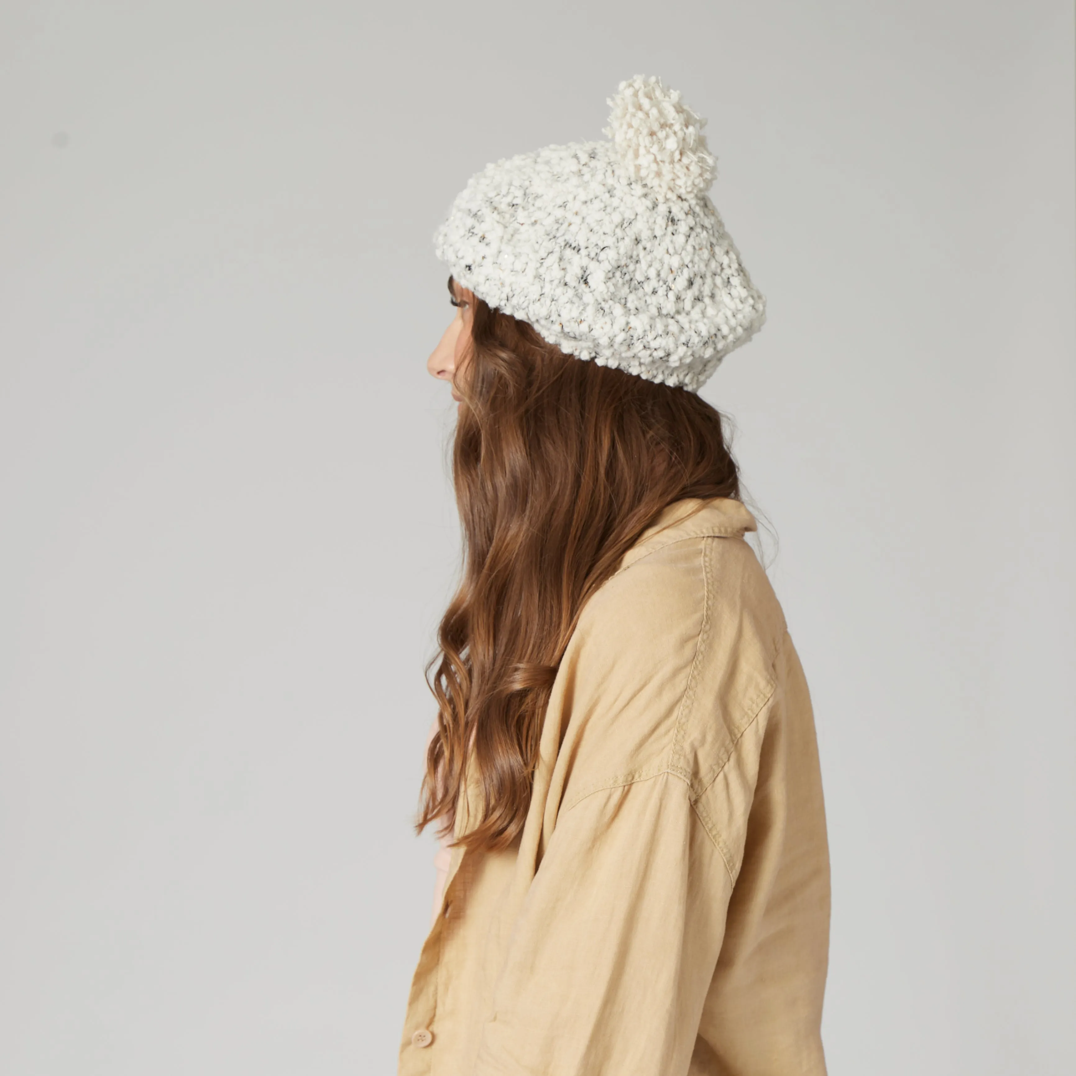 Womens Plush Textured Yarn Beret With Gold Sequins Woven Into The Yarn-Ivory-One Size